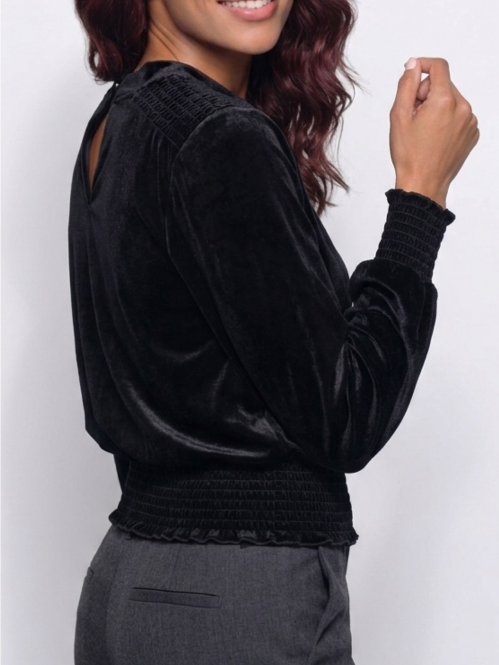 Laundry By Shelli Segal Black Velvet Top with Smocked Detail